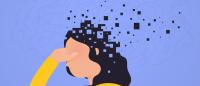 Neurocognitive decline. Brain damage. Woman loses part head falling apart, pixels. Concept psychological health, decreased functions mind.